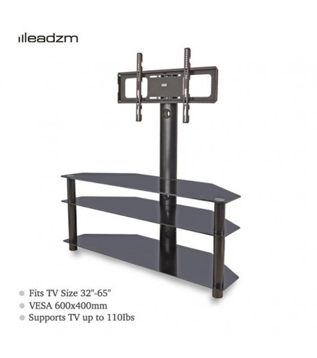Leadzm TSG002 32-65" Corner Floor TV Stand with Swivel Bracket 3-Tier Tempered Glass Shelves