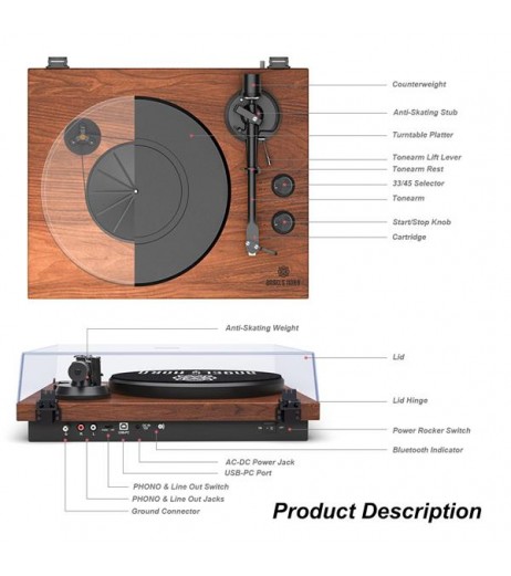 ANGELSHORN Bluetooth Record Player Vinyl Turntable with Vintage Stereo 2-Speed Built-in Phono Preamp and Belt Drive, Walnut Wood