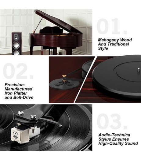ANGELSHORN Bluetooth Turntable Stereo Record Player with Built-in 2-Speed Phono Preamp and Belt Drive, Mahogany Wood …