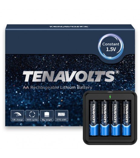 TENAVOLTS 1.5V AA Lithium Rechargeable Battery, 1.8h Fast Charge, USB Charger, Constant Output at 1.5V, 2775 mWh, 4 Count with Charger